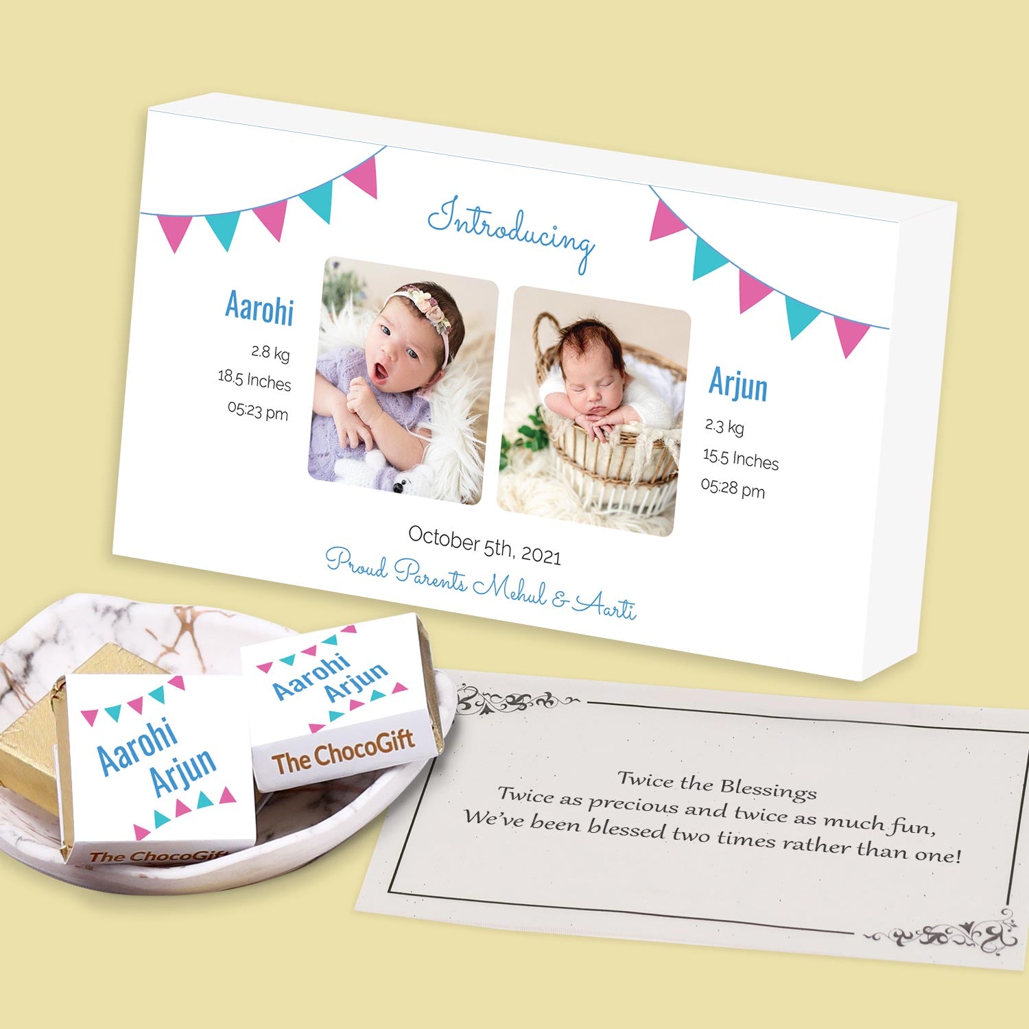 Introducing customised chocolates twins birth announcement