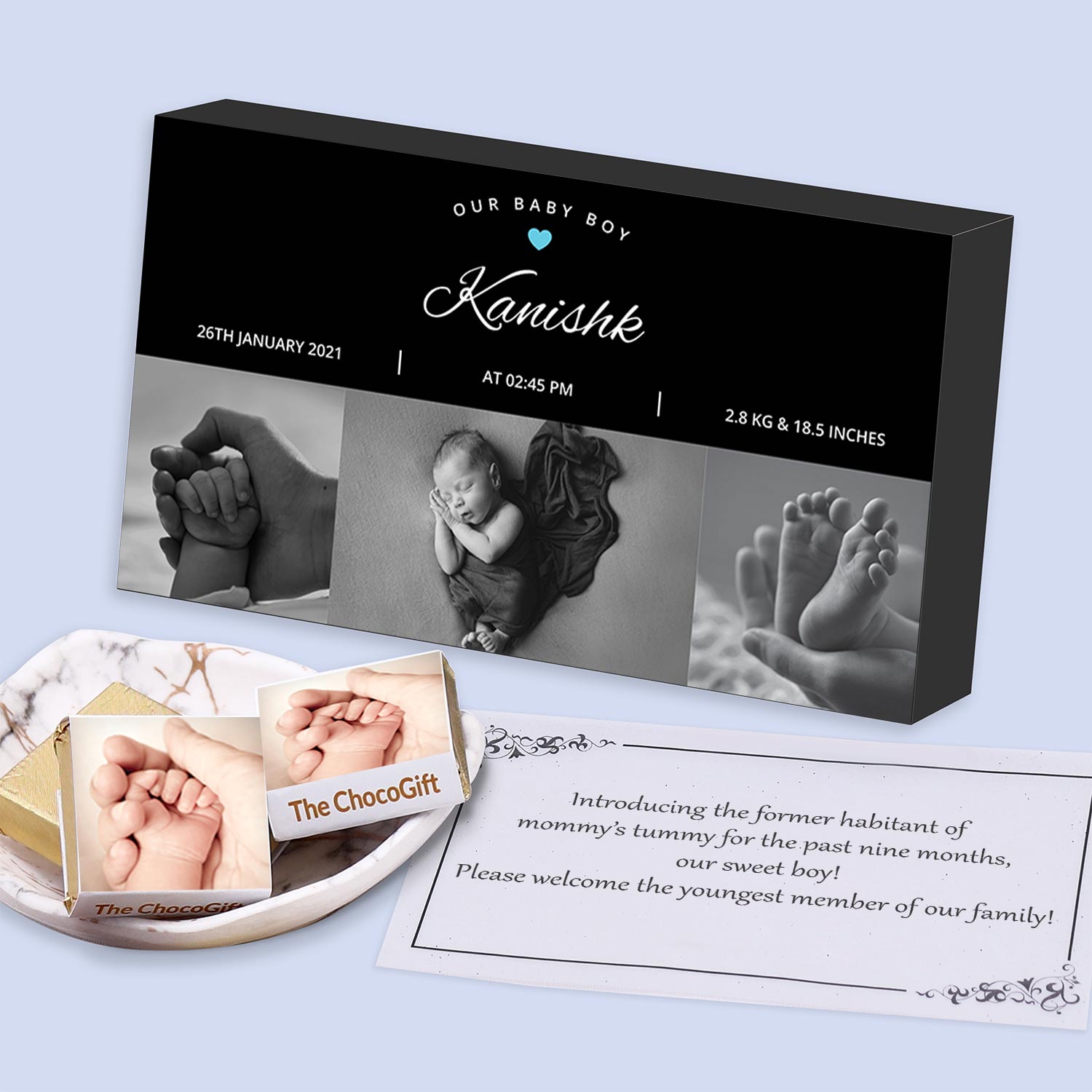 Unique birth announcement for newborn with personalised gift