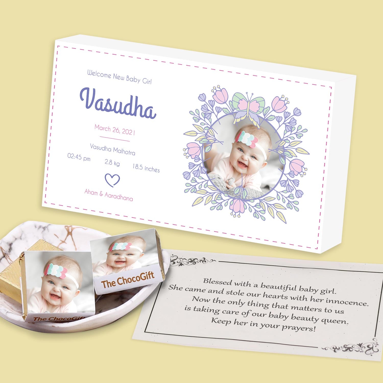 Colourful flowery designed personalised chocolates baby announcement