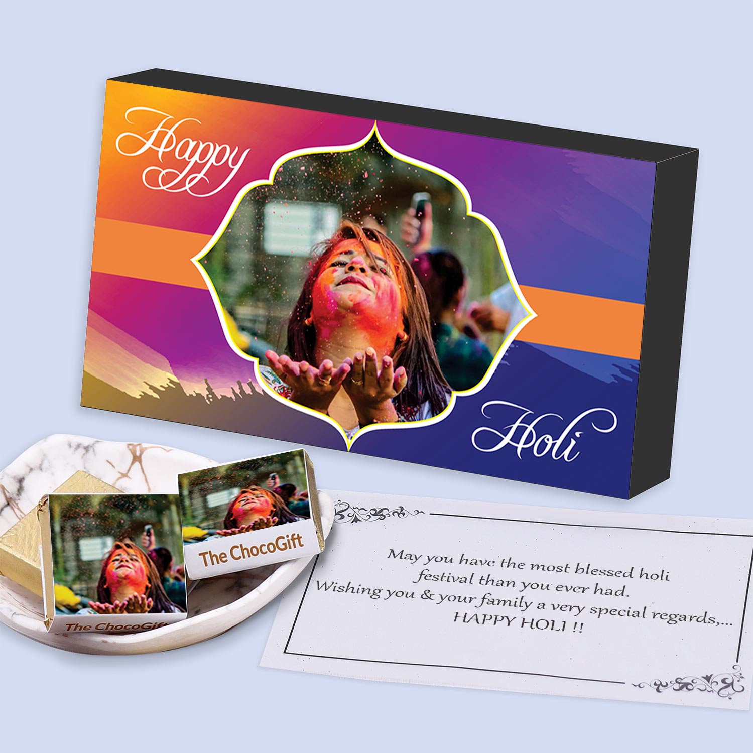 Vibrant colourful personalised holi gift of chocolates