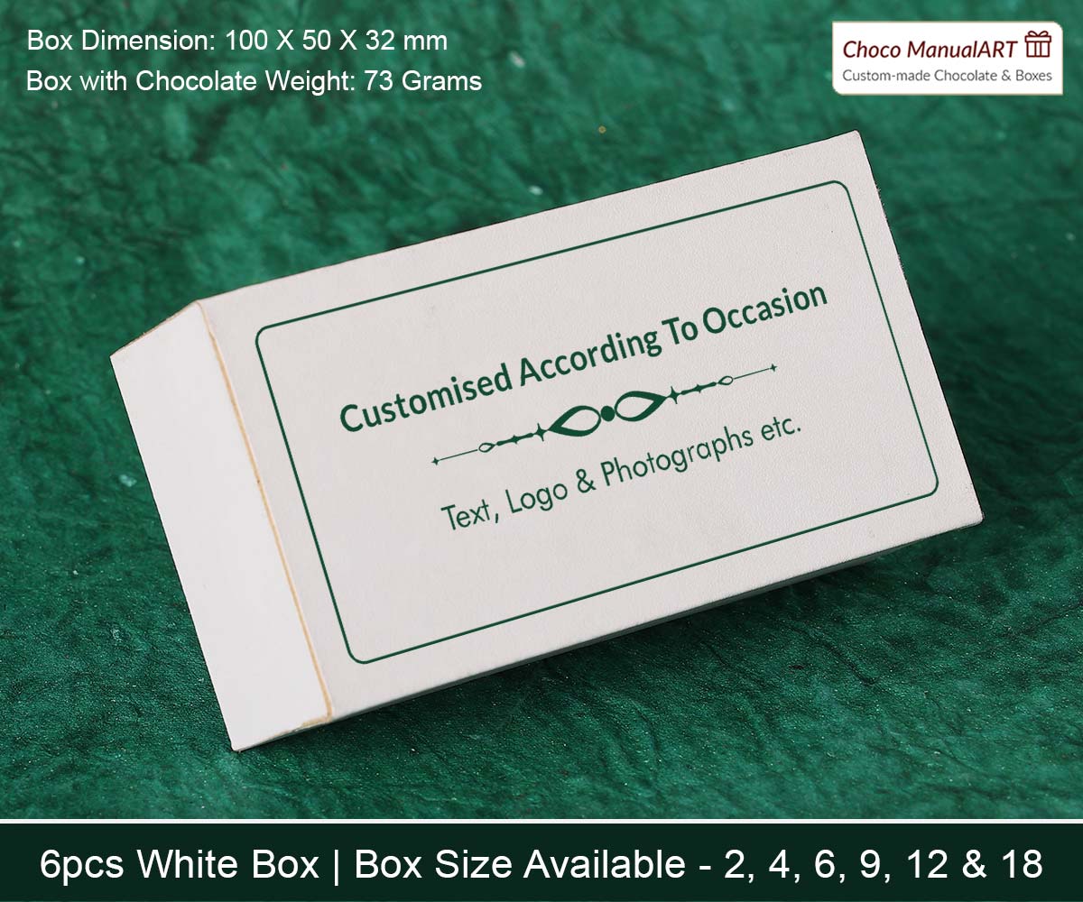 Customizable white chocolate gift box with company logo, text, or photo – available in 2, 4, 6, 9, 12 & 18-piece sizes – ideal for corporate gifting and branding"