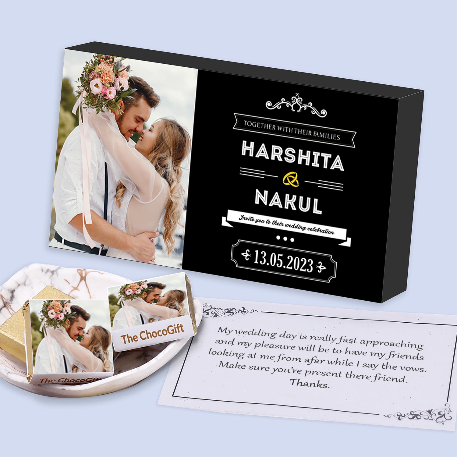 Delicate wedding rings printed wrapped chocolates invitation