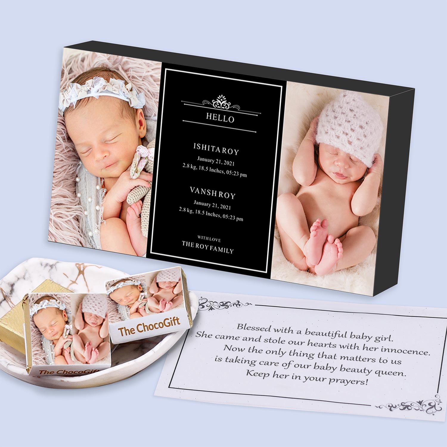 Names printed wrapped chocolates twin announcement
