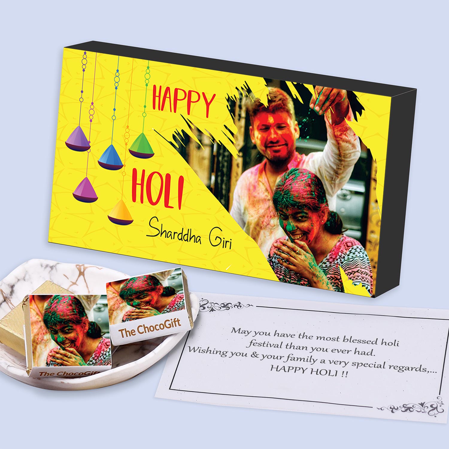 Bright yellow customised box of chocolates holi gift