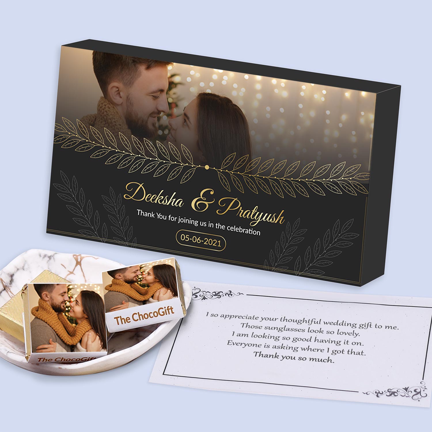 Leaves designed personalised wrapped chocolates return gift
