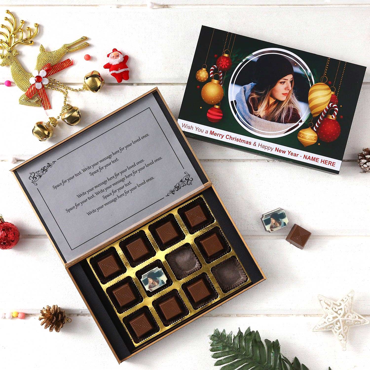 Personalized Photo Chocolate Gift for New Year and Merry Christmas with Print Photo Name and Message