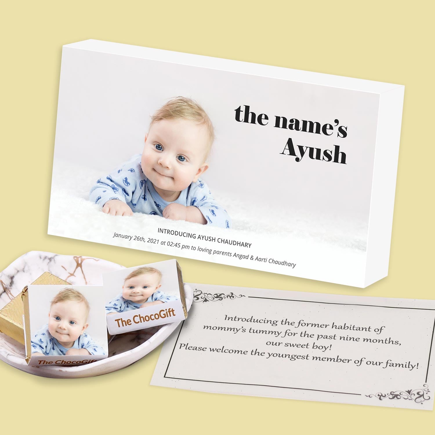 Elegant personalised gift box for baby boy announcement