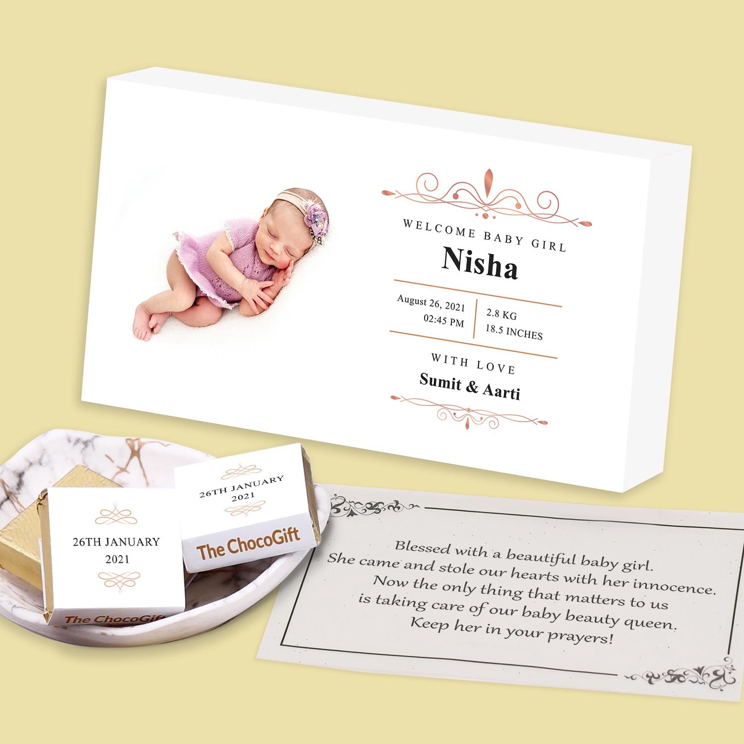 White elegant personalised baby announcement gift