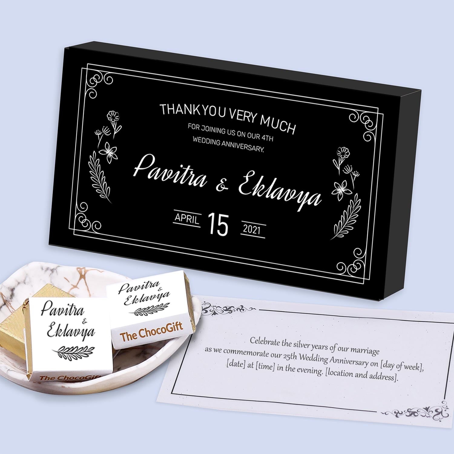 Delicate designer personalised chocolates return gift