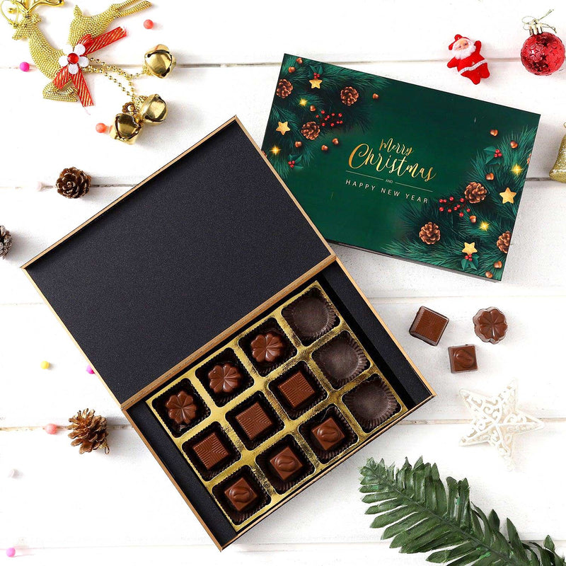 The Best personalized chocolate gift for Christmas Decoration, Lights on the tree and Christmas balls Dark Blue Background