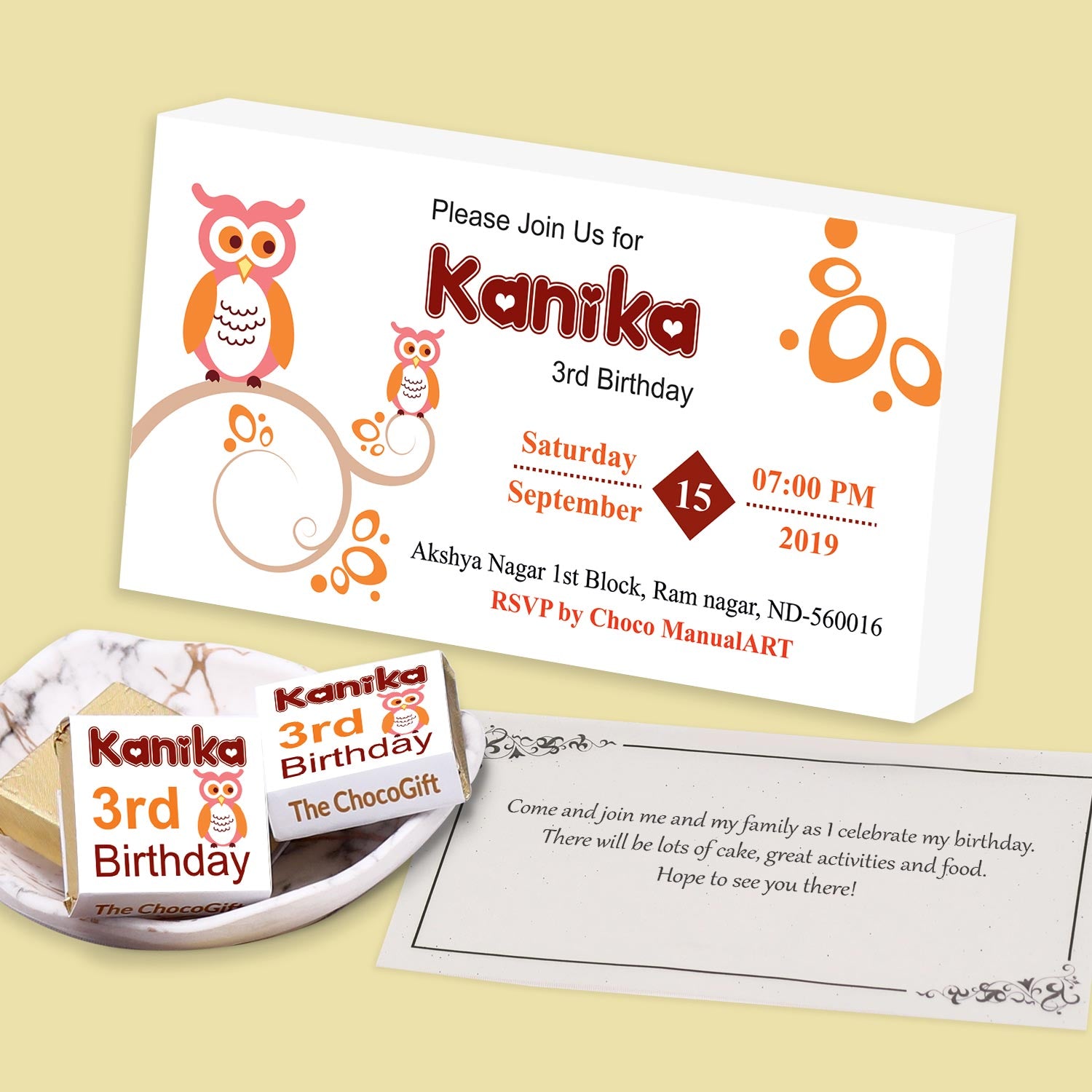 Cute owls personalised wrapped chocolates birthday invitation