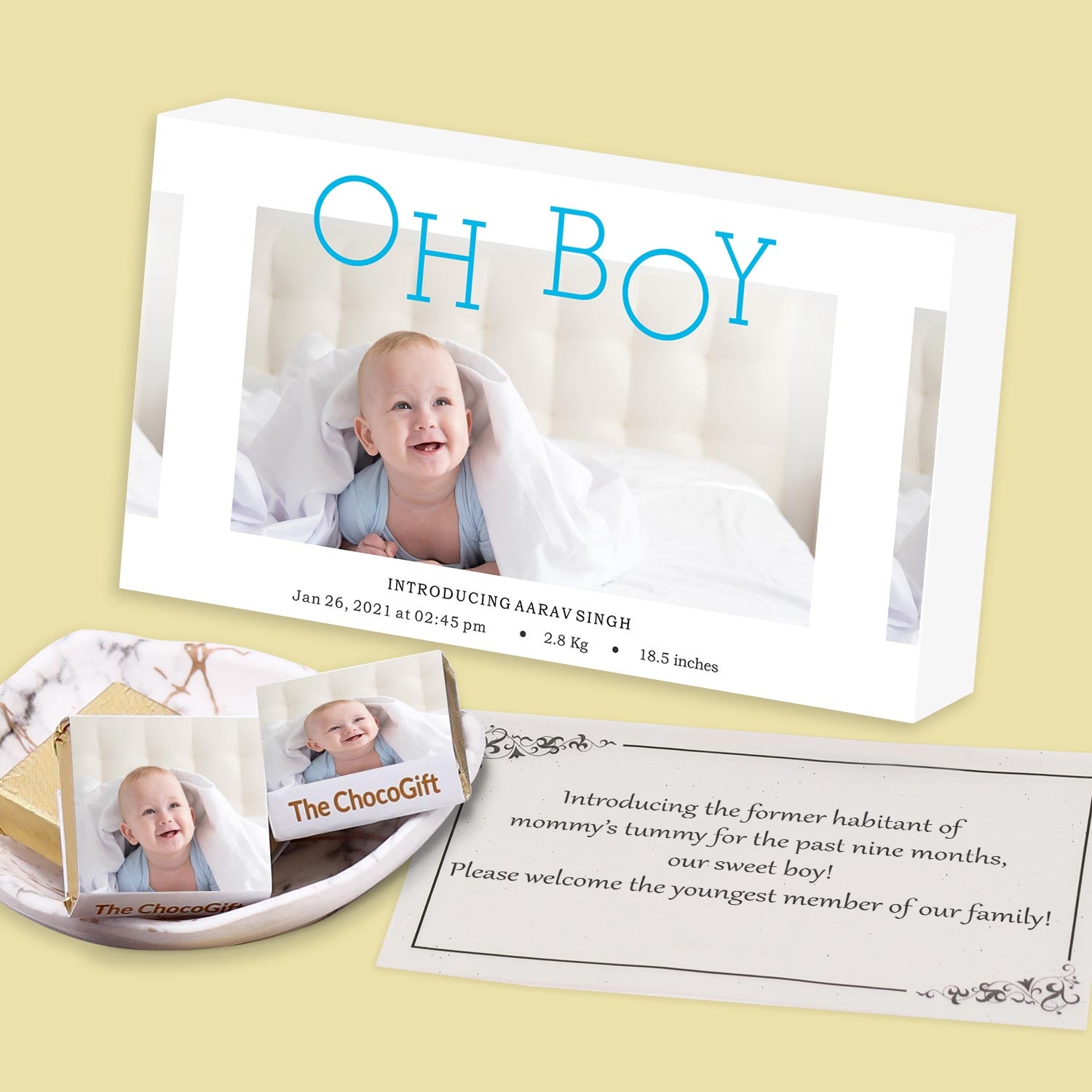 "Oh Boy" baby's birth announcement chocolates gift