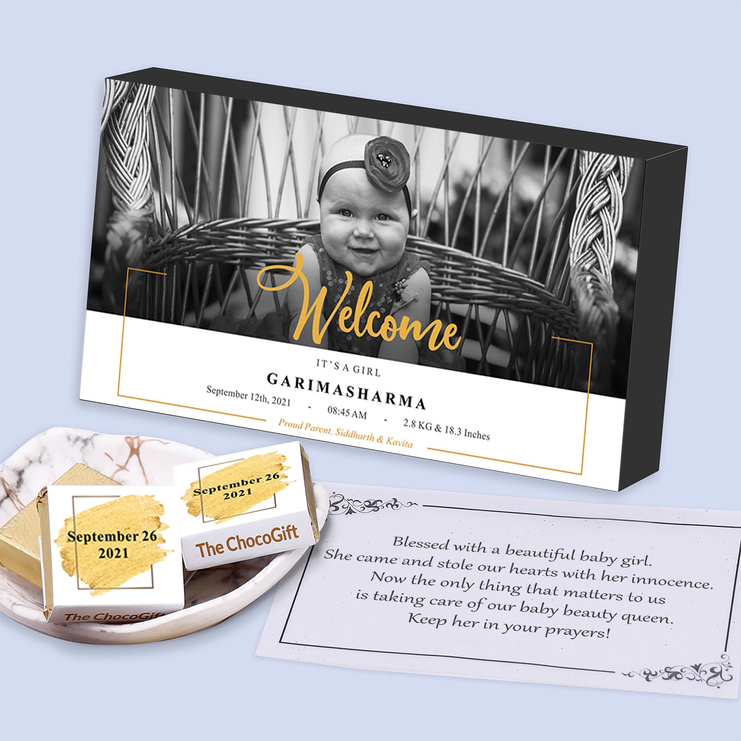 Golden print personalised baby announcement gift