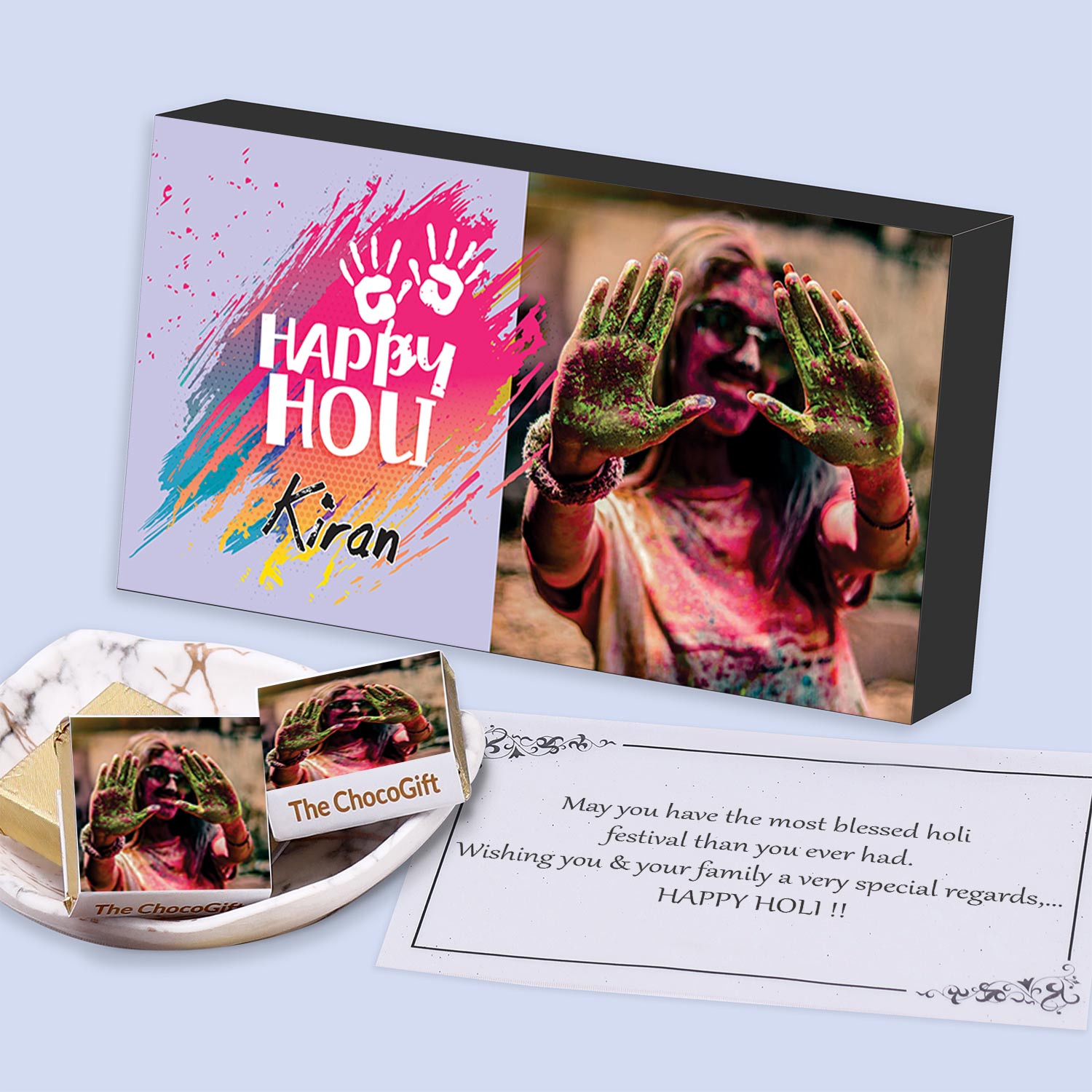 Colourful modern holi gift personalised wrapped chocolates
