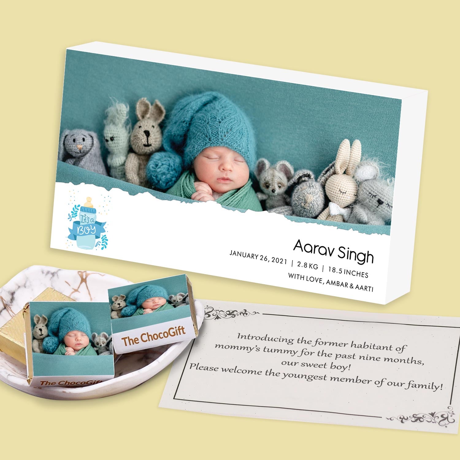 Snowman printed wrapped chocolates for baby announcement