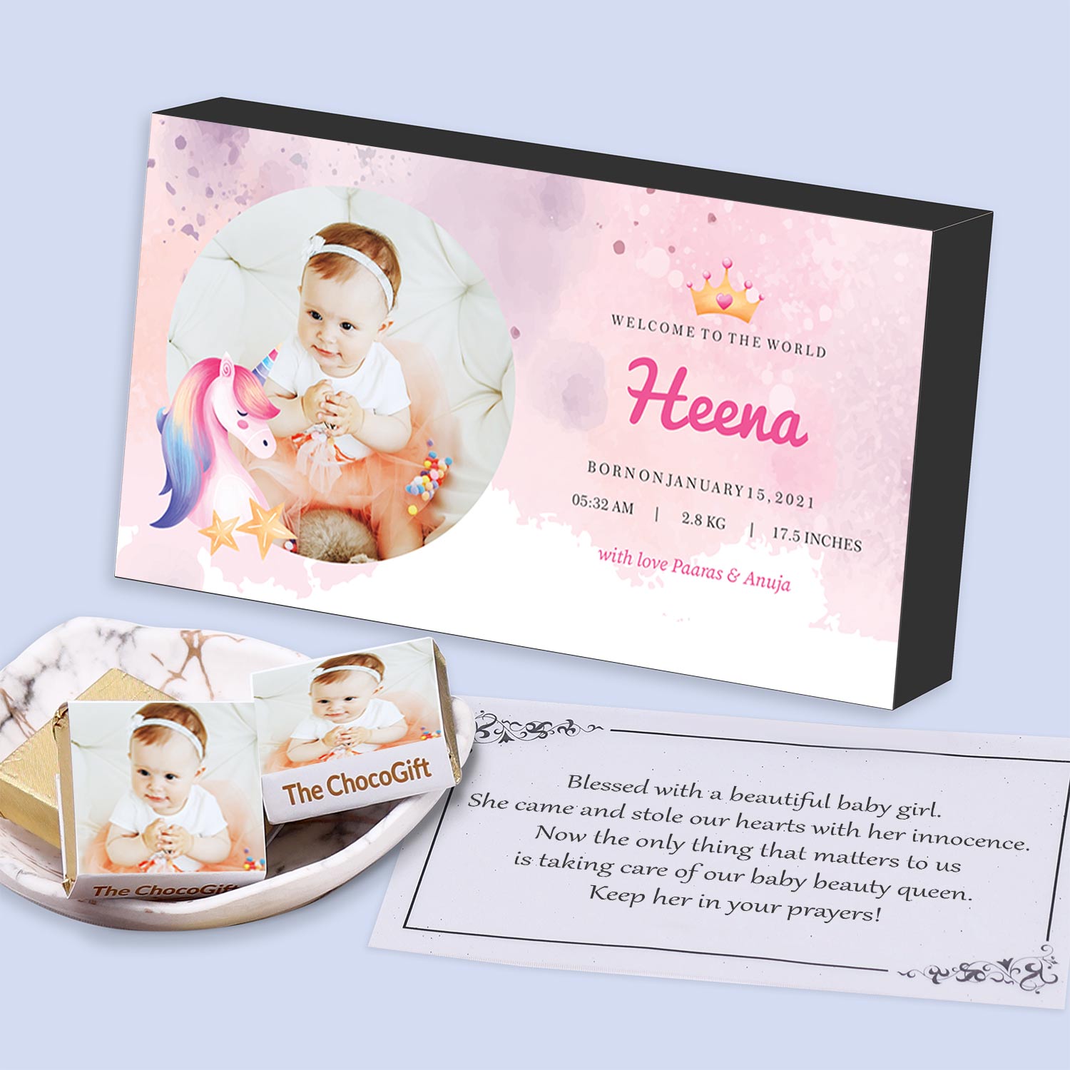 Personalised wrapped chocolates baby announcement