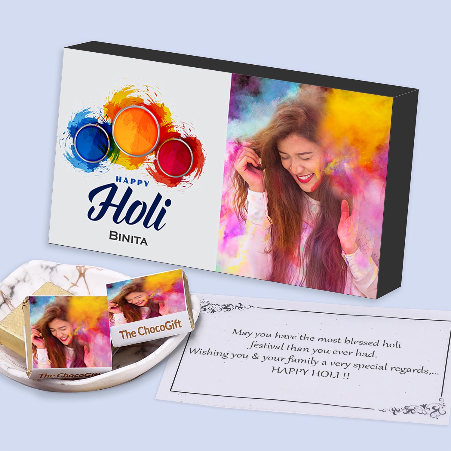 A dash of colours customised chocolates holi gift