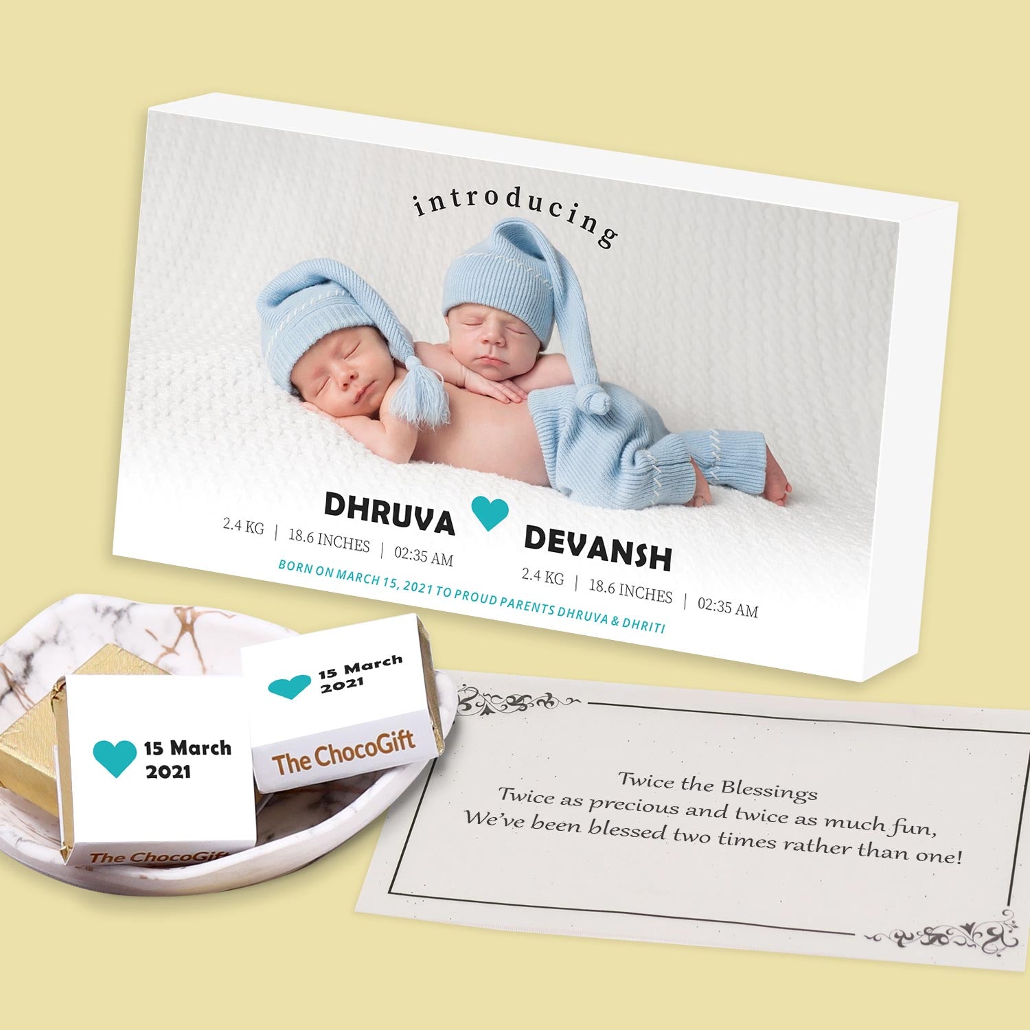 Cute blue heart printed wrapped chocolates twins announcement