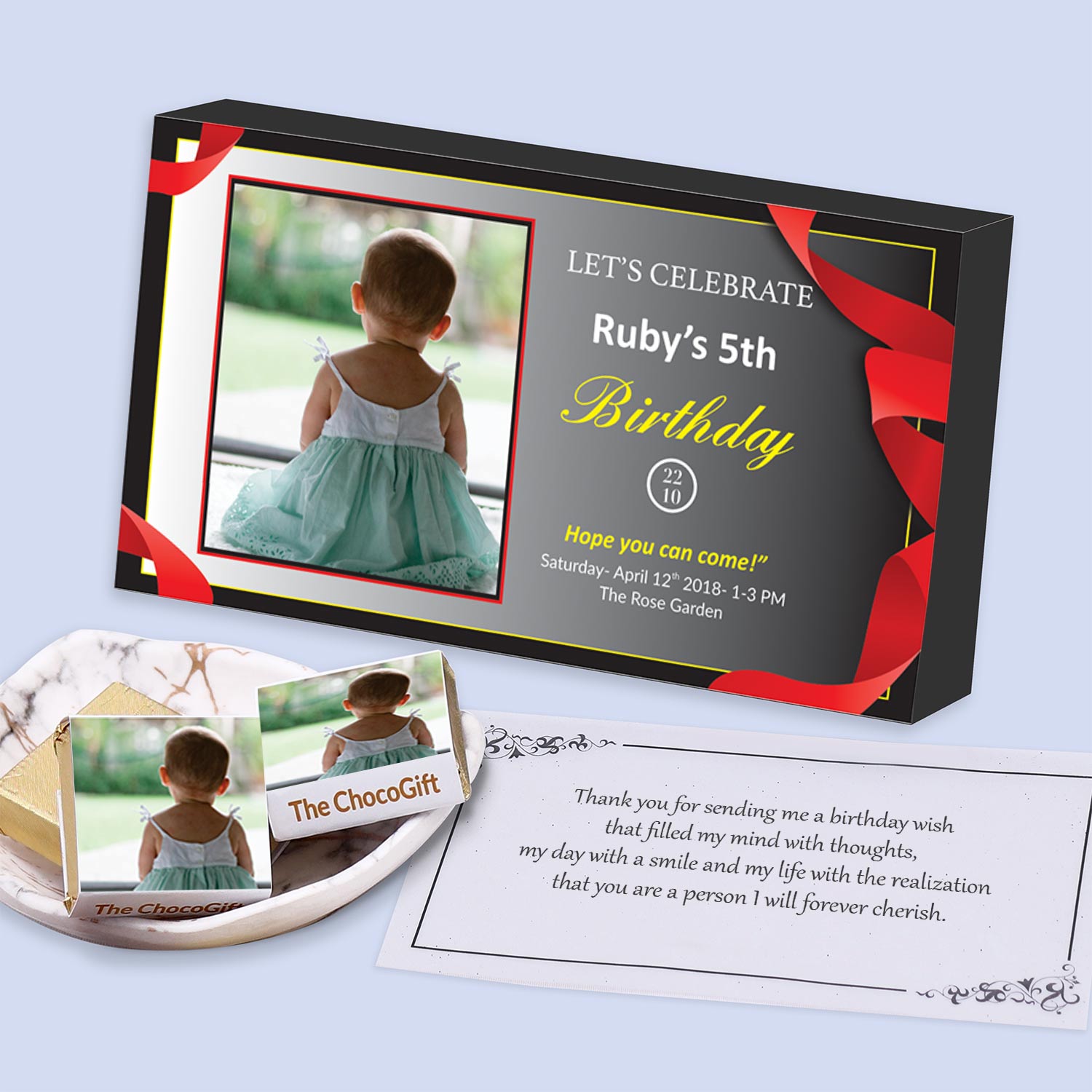 Red ribbon 5th birthday personalised invitation