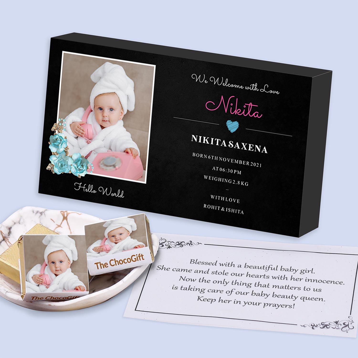 Blue flowers printed wrapped chocolates baby announcement