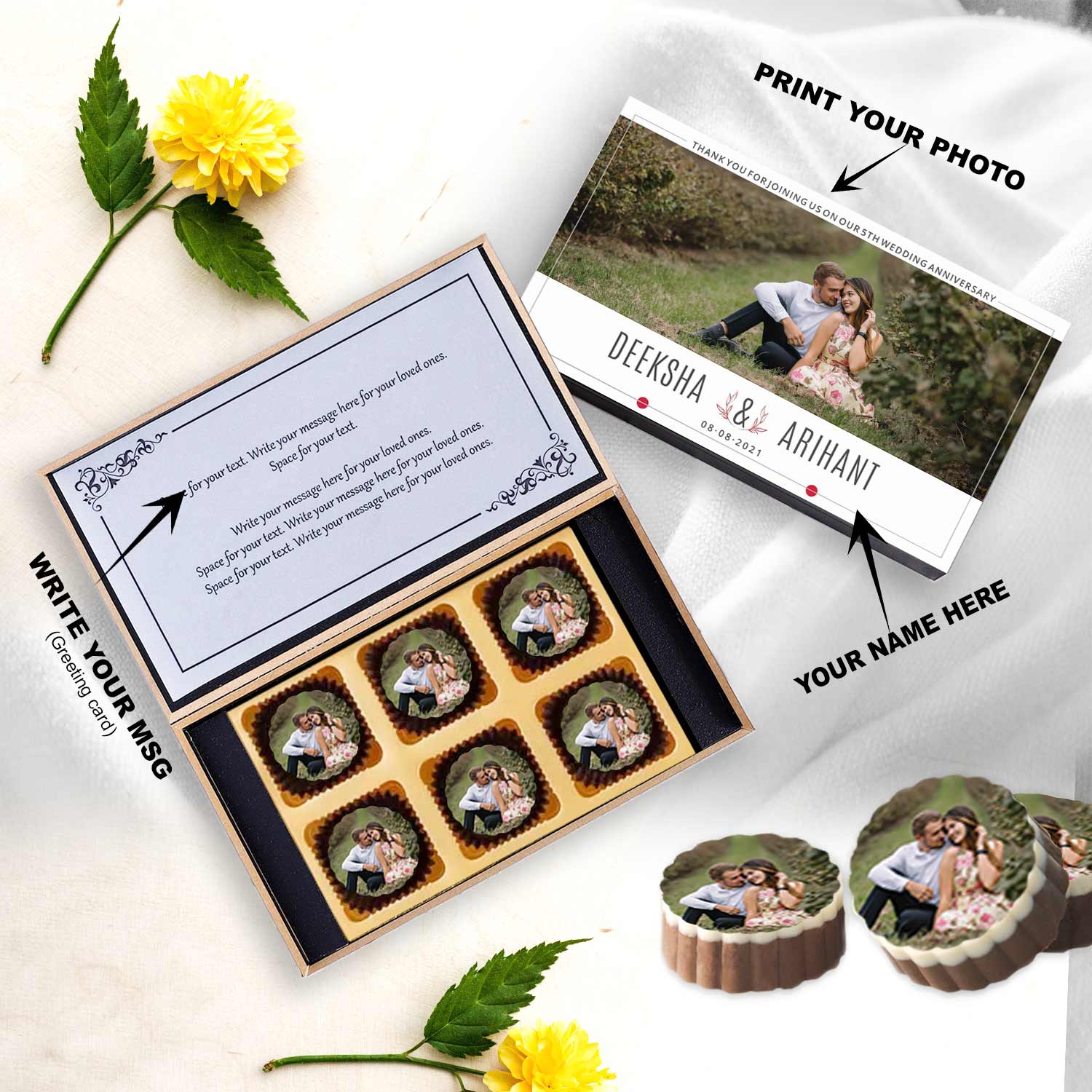 White modern box printed chocolates anniversary return gift with circle printed