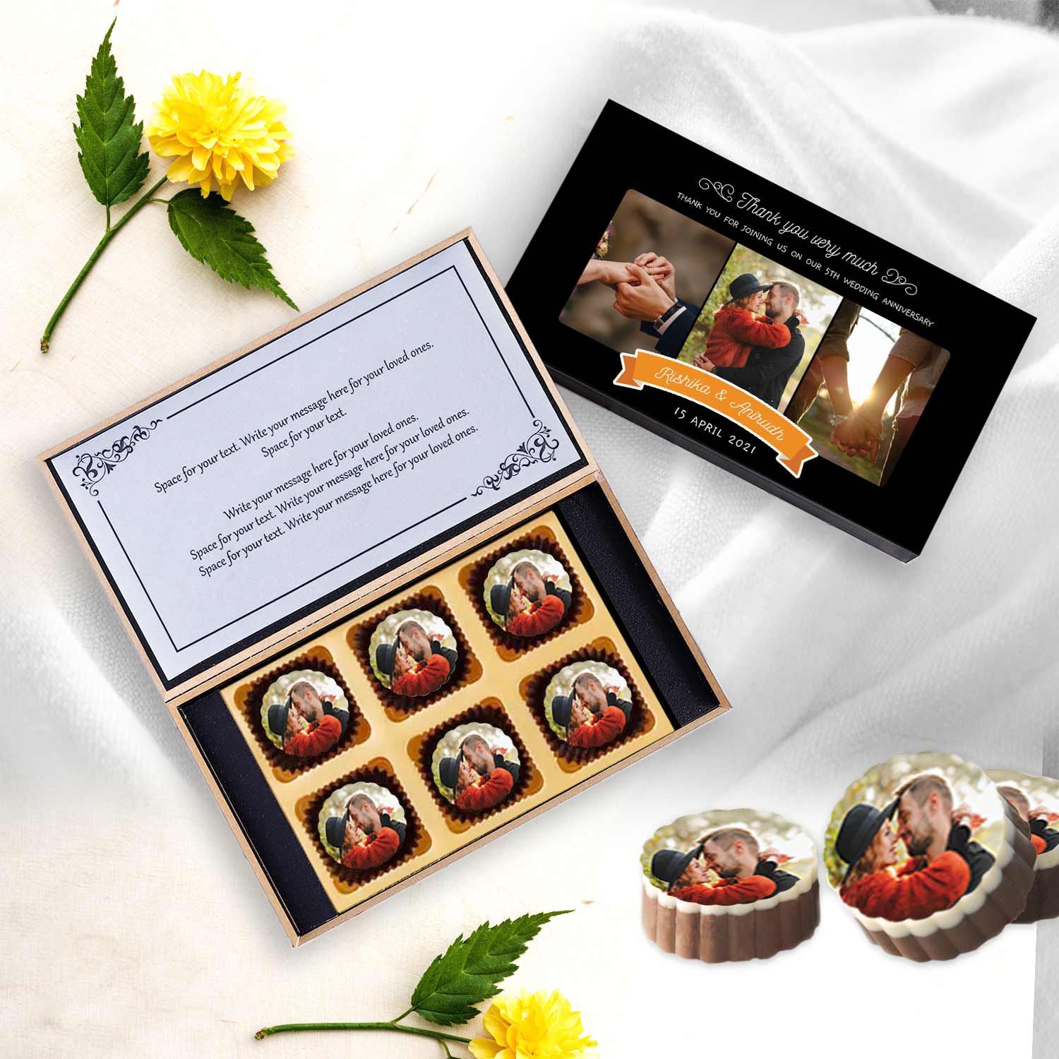 Orange ribbon anniversary return gift chocolates