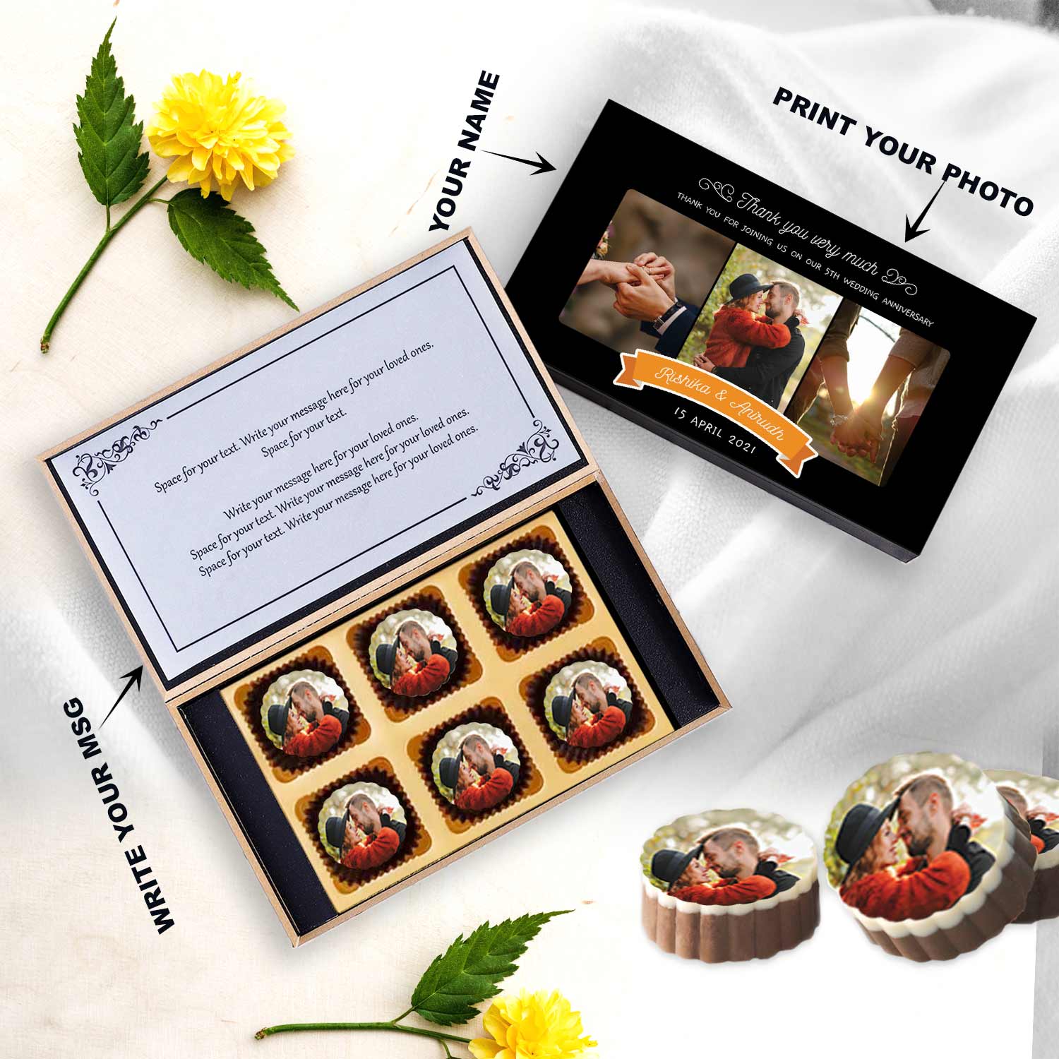Orange ribbon anniversary return gift chocolates
