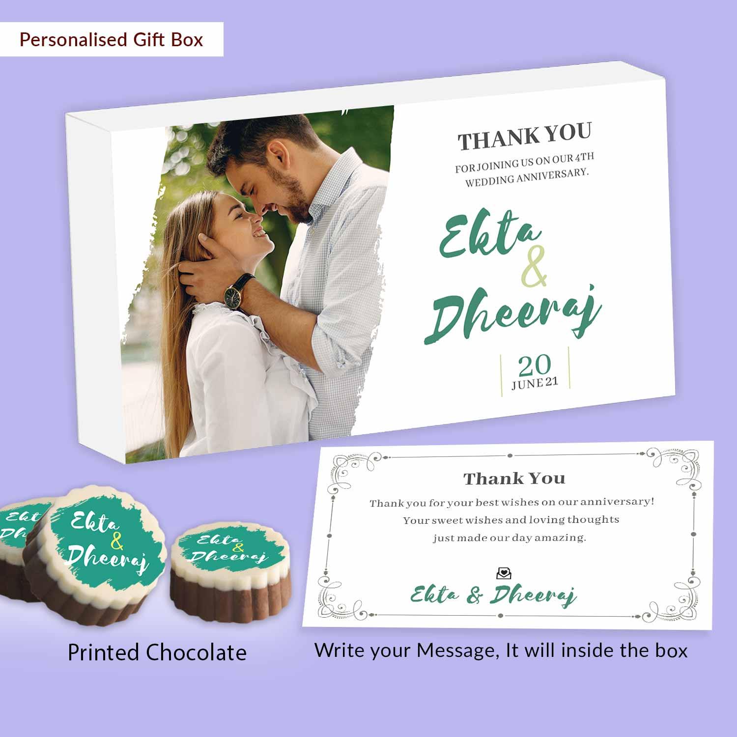 Teal coloured printed chocolates anniversary return gifts - Choco ManualART