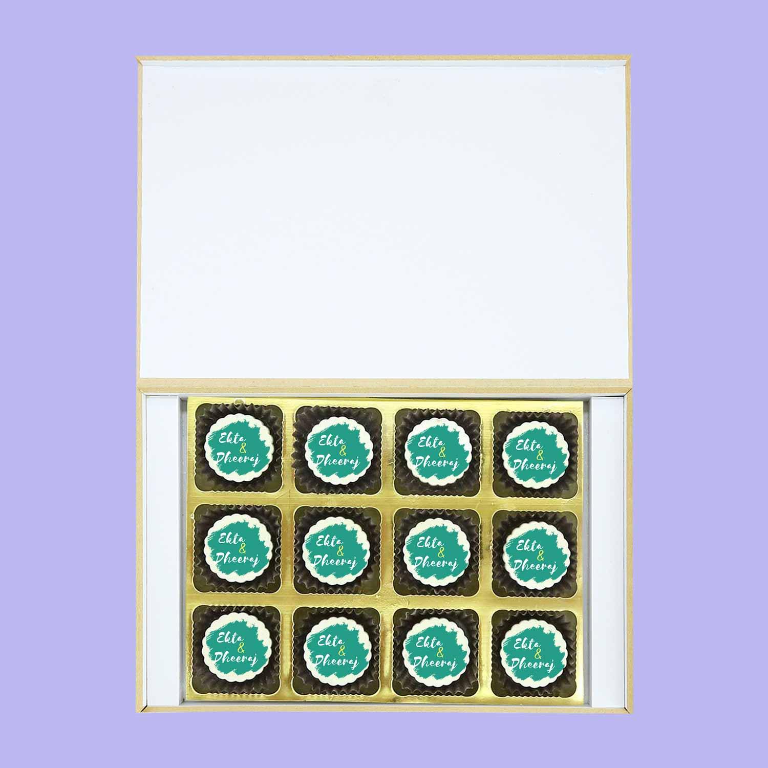 Teal coloured printed chocolates anniversary return gifts - Choco ManualART