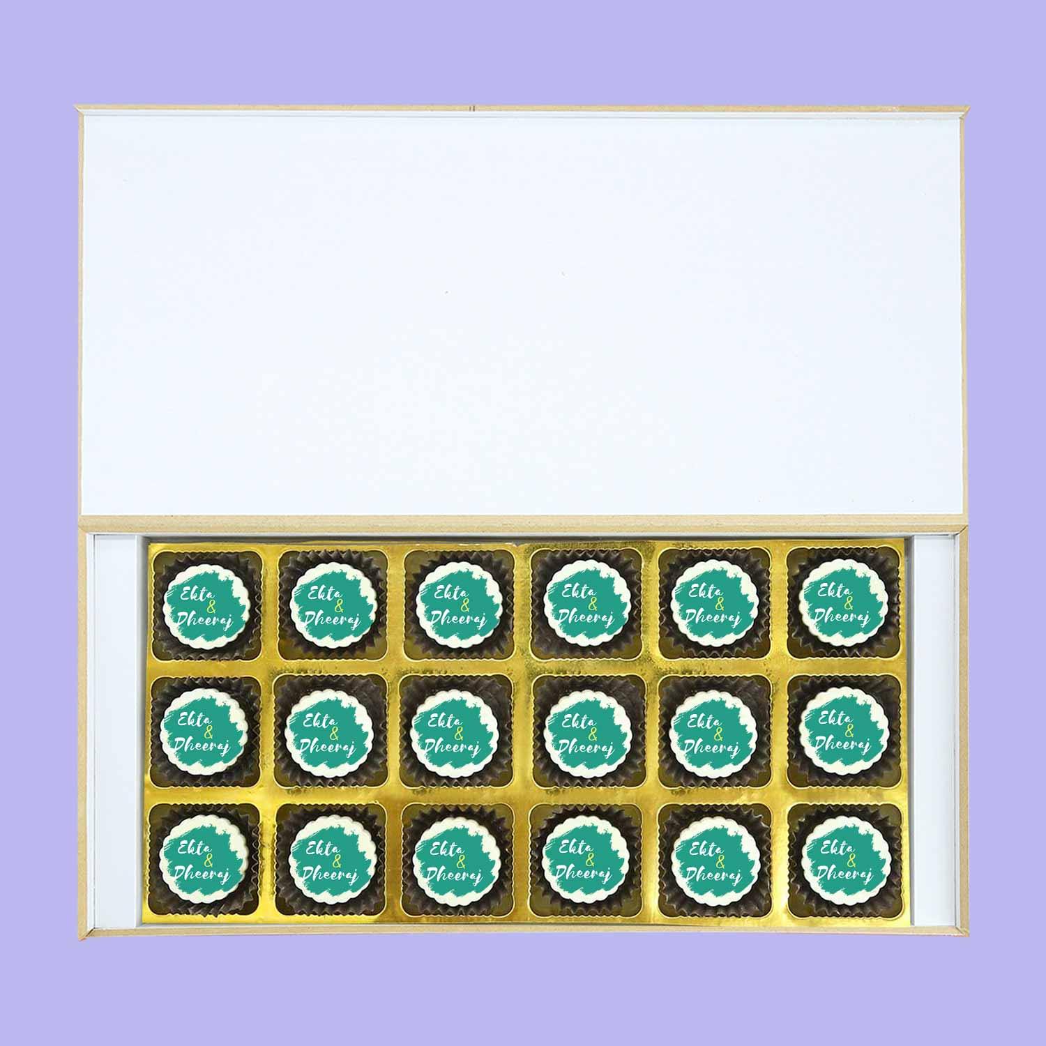 Teal coloured printed chocolates anniversary return gifts - Choco ManualART