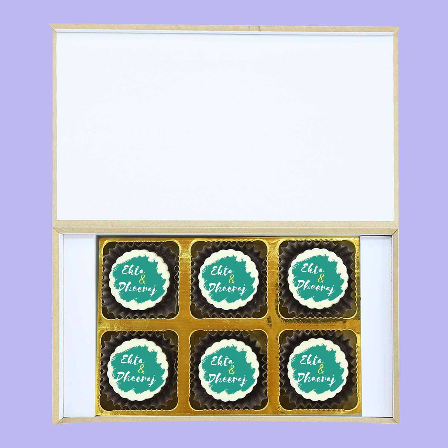 Teal coloured printed chocolates anniversary return gifts - Choco ManualART