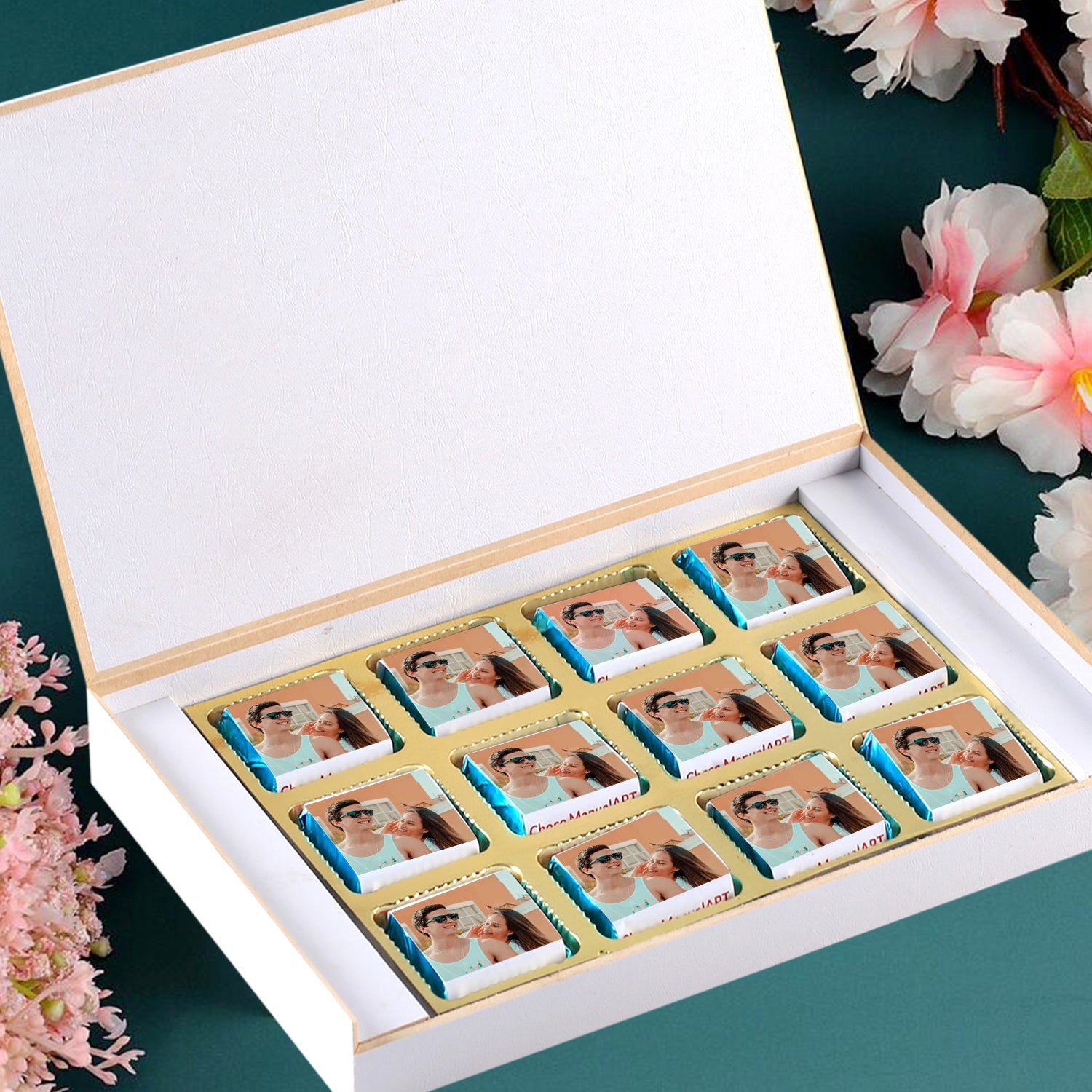 customized photo gifts of Wrapper printed chocolates on the occasion of a wedding anniversary