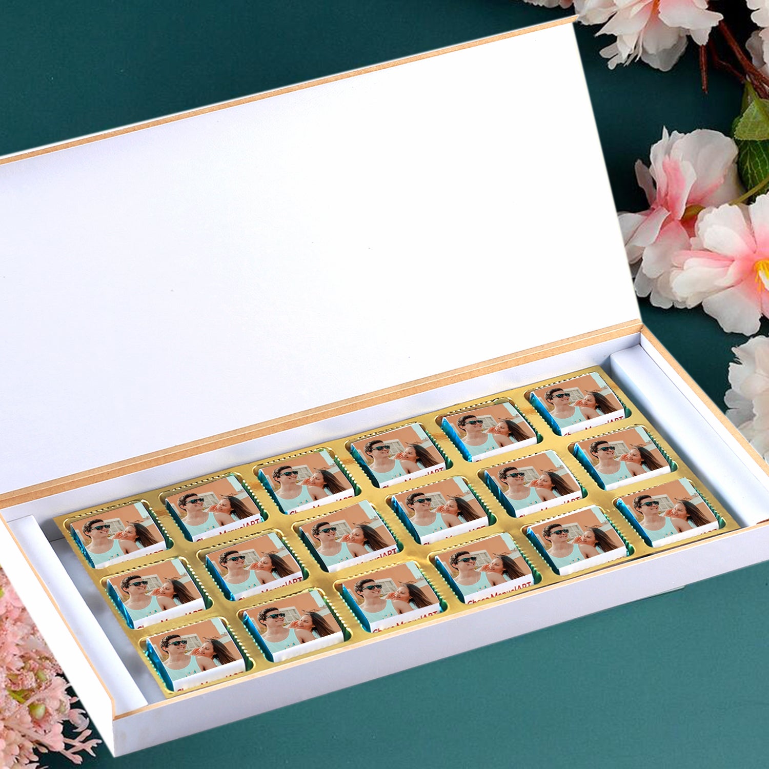 Graceful design and photo printed box of chocolates. Write a Birthday Greeting
