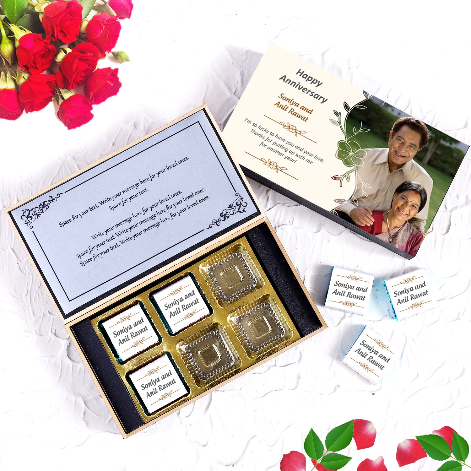 NAME PRINTED ON CHOCOLATES WITH DELICATE DESIGN  customized photo gifts of Wrapper printed chocolates on the occasion of a wedding anniversary
