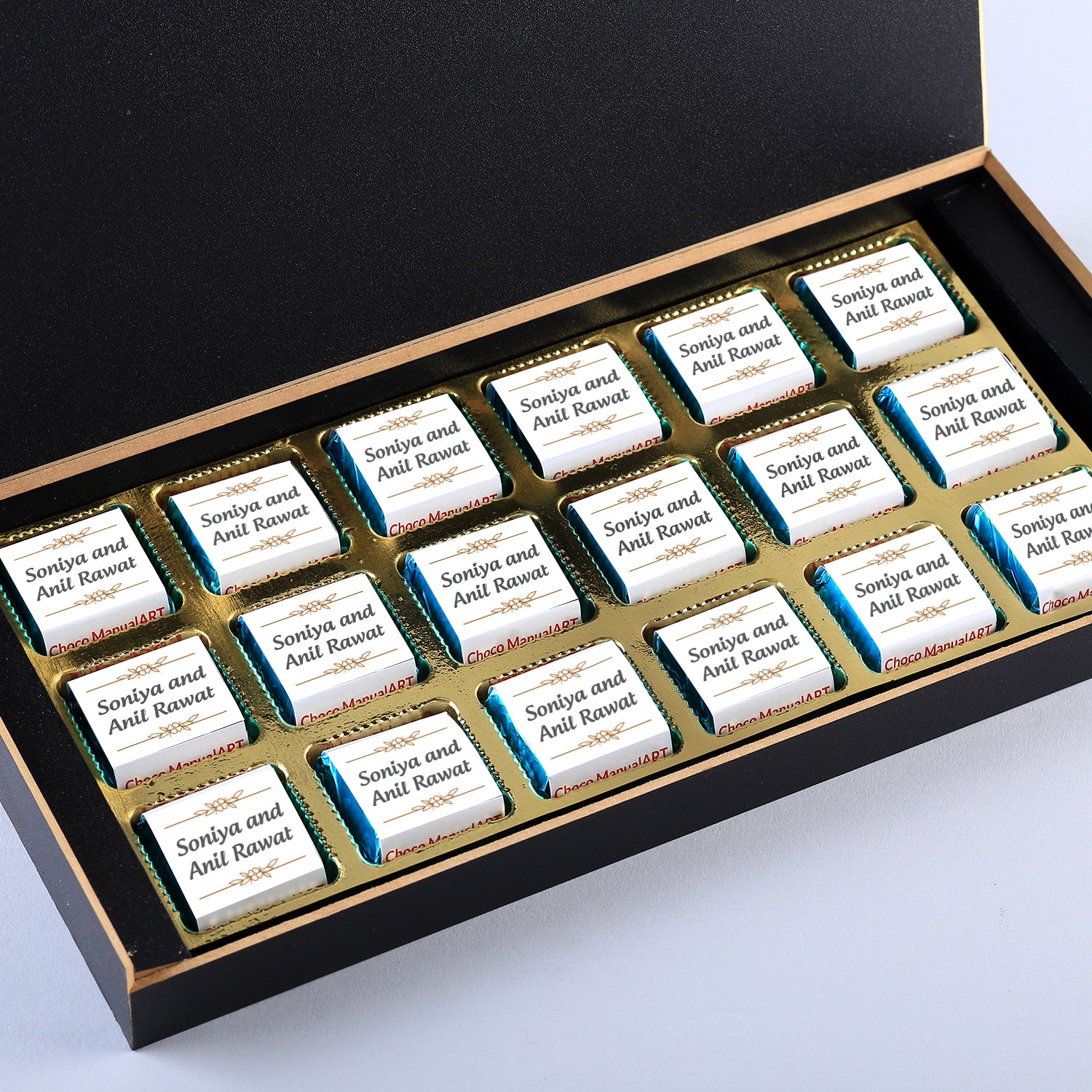 	Anniversary chocolates gift with name Printed wrappers  Gift items for anniversary.