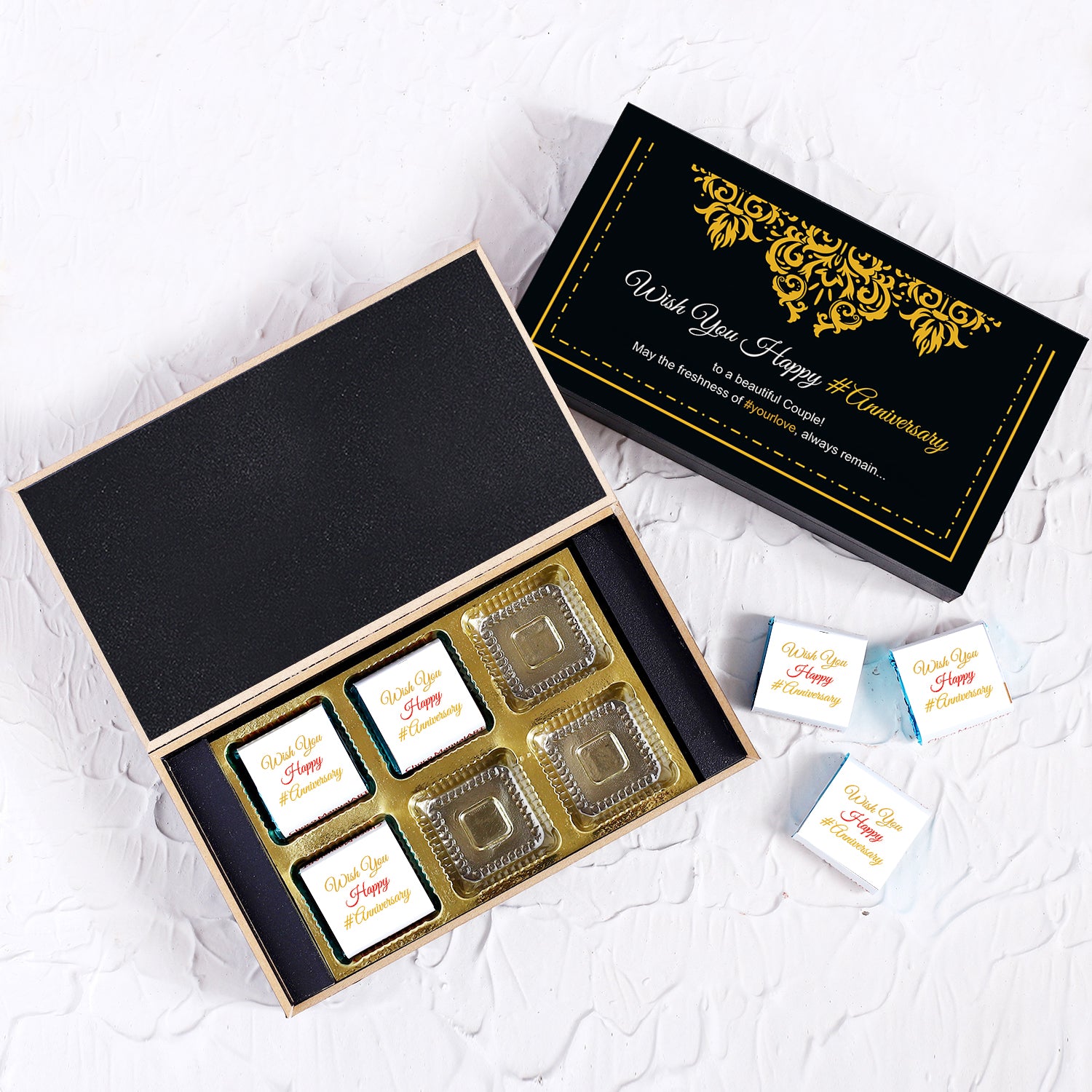 NAME PRINTED ON CHOCOLATES WITH DELICATE DESIGN  customized photo gifts of Wrapper printed chocolates on the occasion of a wedding anniversary