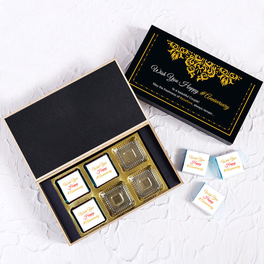 NAME PRINTED ON CHOCOLATES WITH DELICATE DESIGN  customized photo gifts of Wrapper printed chocolates on the occasion of a wedding anniversary
