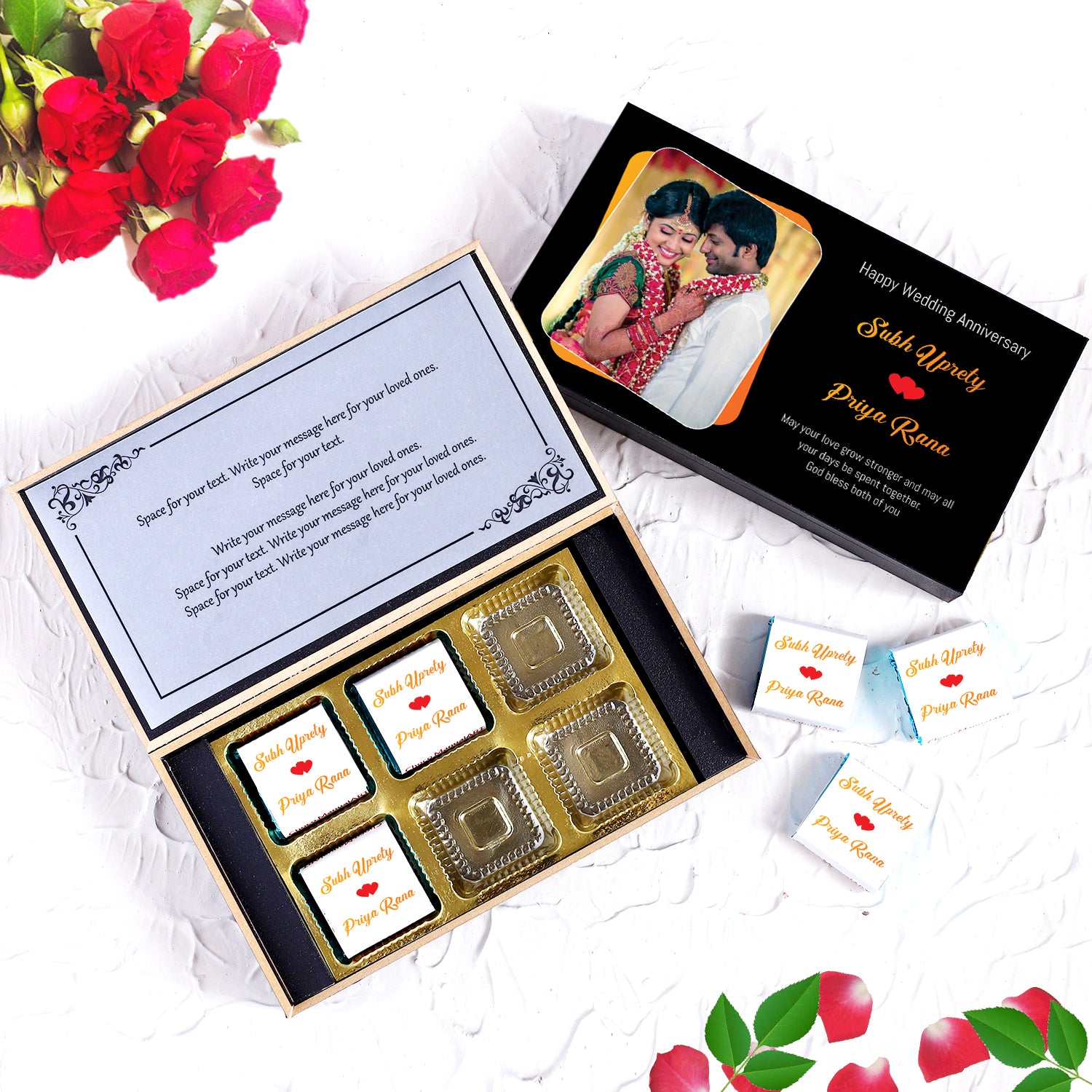 Names with Photo design Printed on Chocolate Wrappers.There is also a personalized message printed on Message paper inside the box.