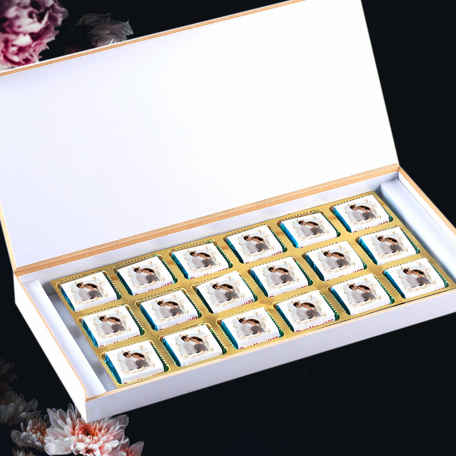 Anniversary chocolates gift with name Printed wrappers