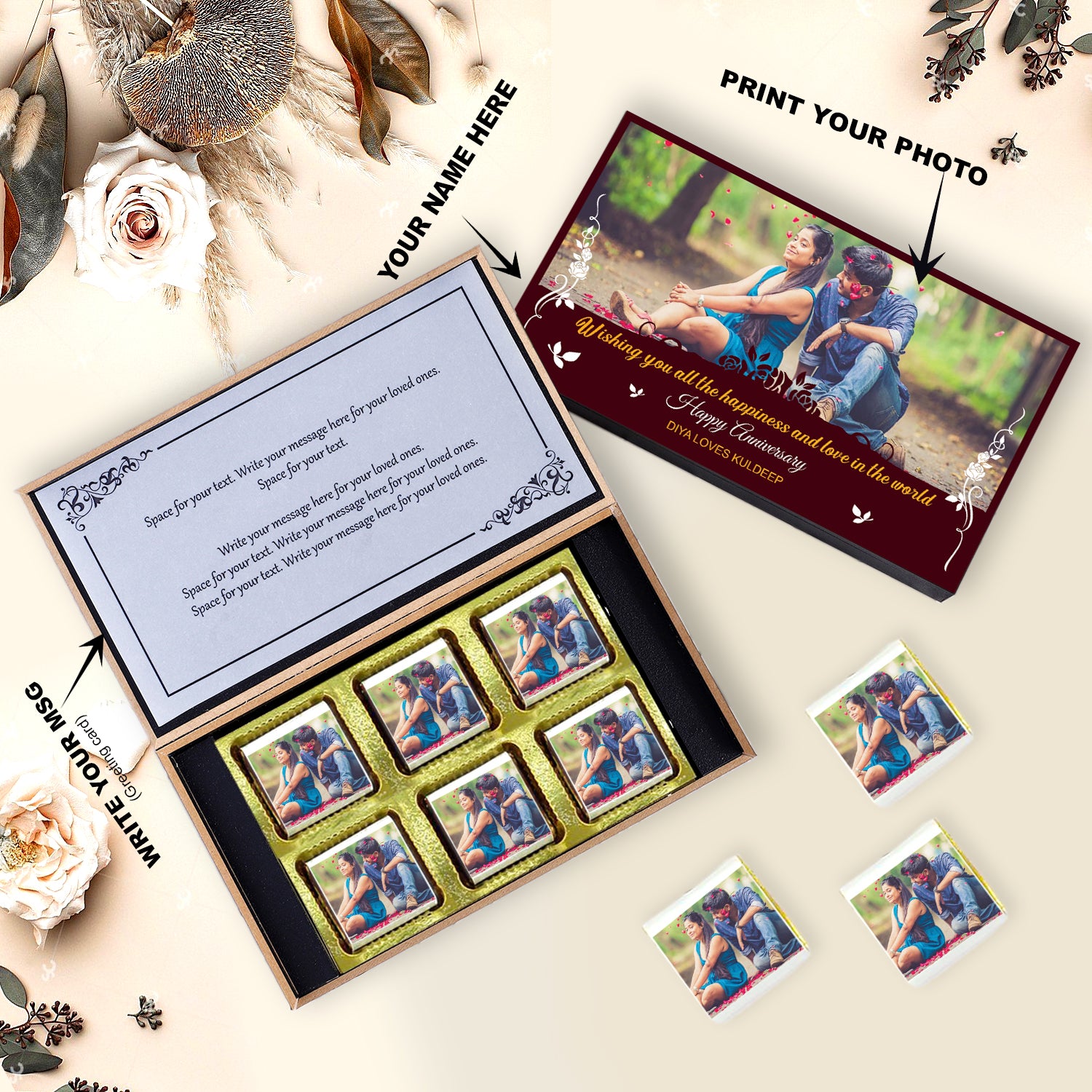 Photo printed on wrapper and box of chocolates.Best chocolate gift for anniversary.
