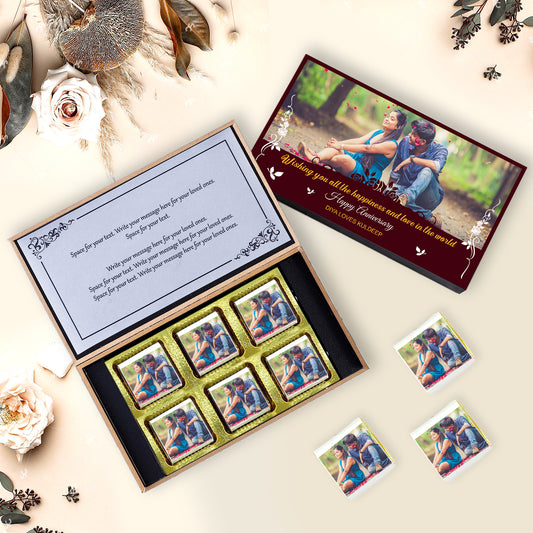 Wedding anniversary chocolate gift.	  anniversary chocolate gift box. Personalised chocolate box for  anniversary gift. Chocolate gift boxes for anniversary. Chocolate gift pack for anniversary. White chocolate box for anniversary gift.