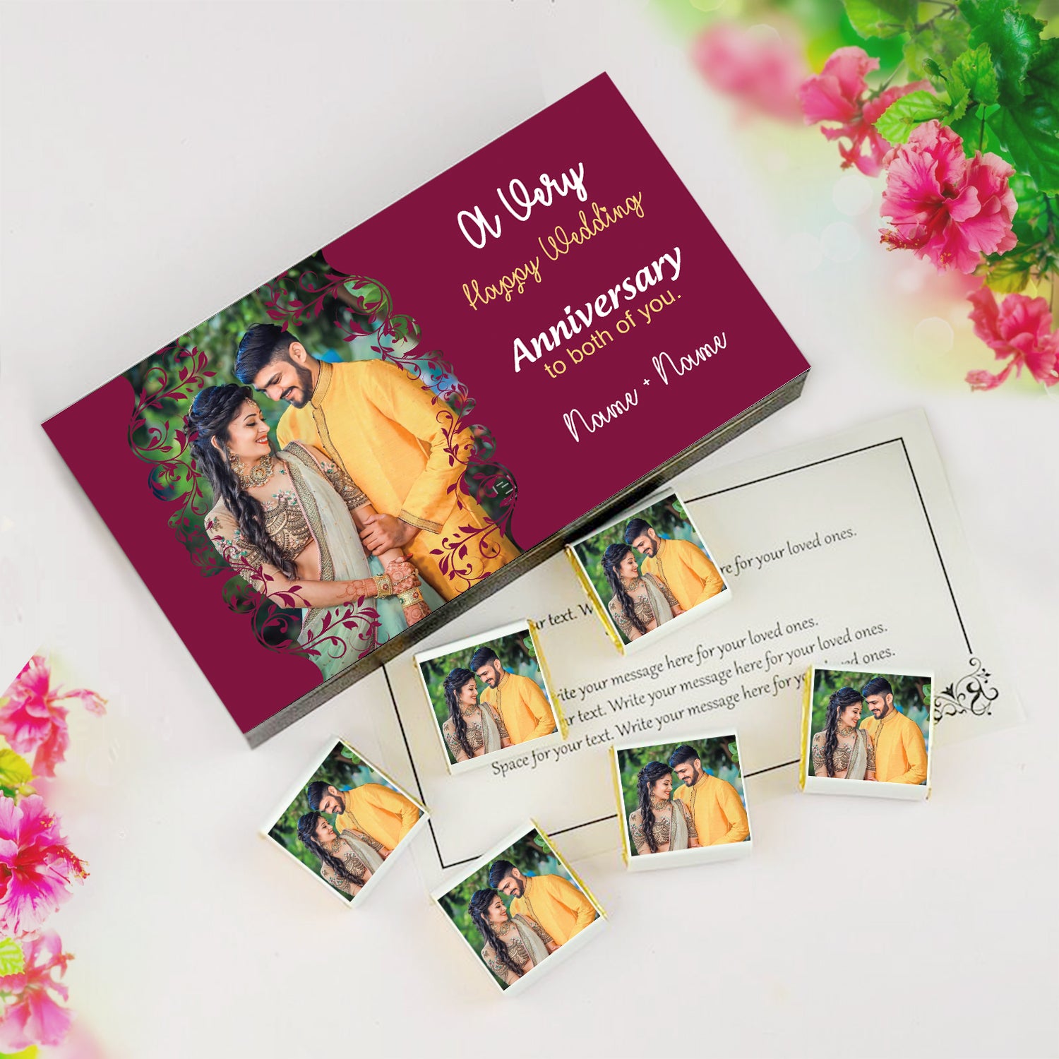 customized photo gifts of Wrapper printed chocolates on the occasion of a wedding anniversary. Everyone loves chocolates!