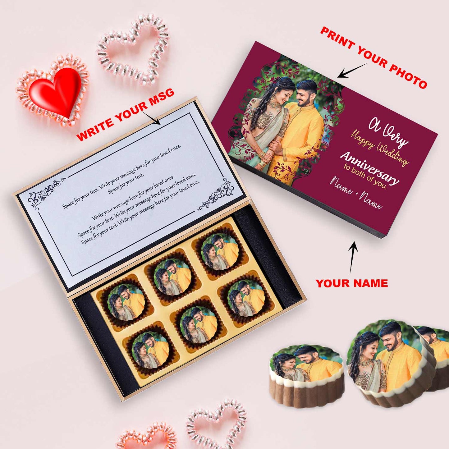 Photo printed box with appealing design and names printed chocolates