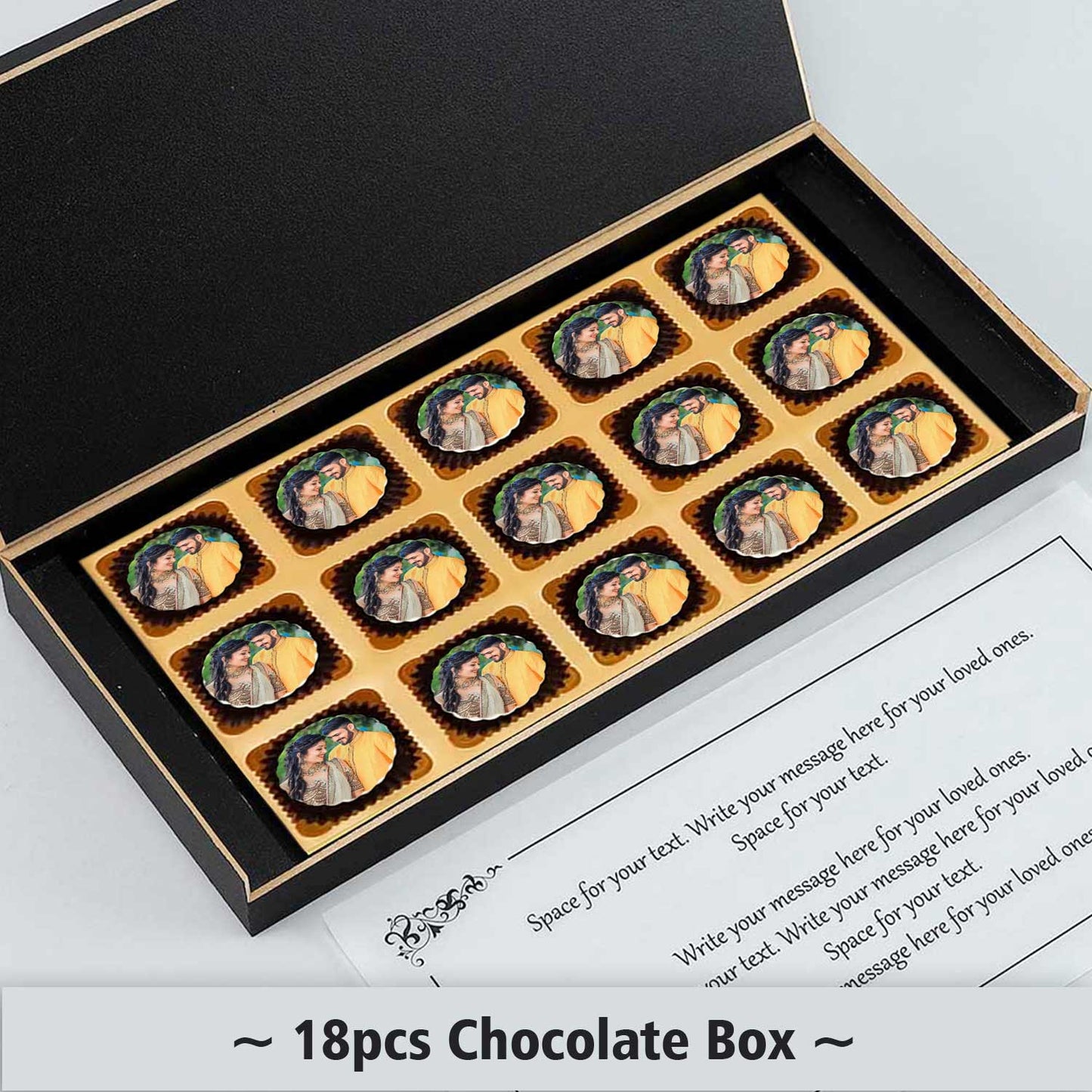 Photo printed box with appealing design and names printed chocolates