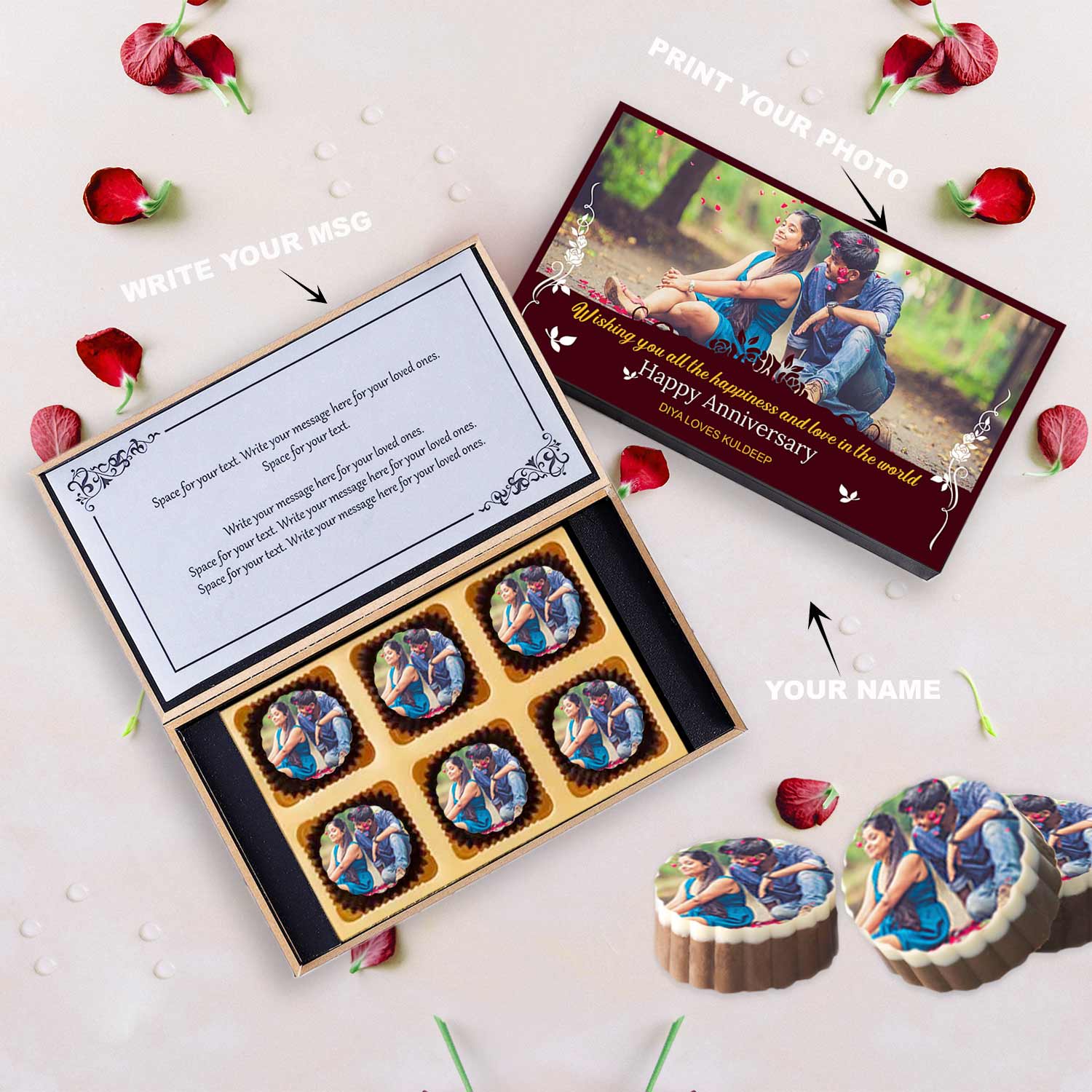Photo printed chocolates for husband with personalised wooden box