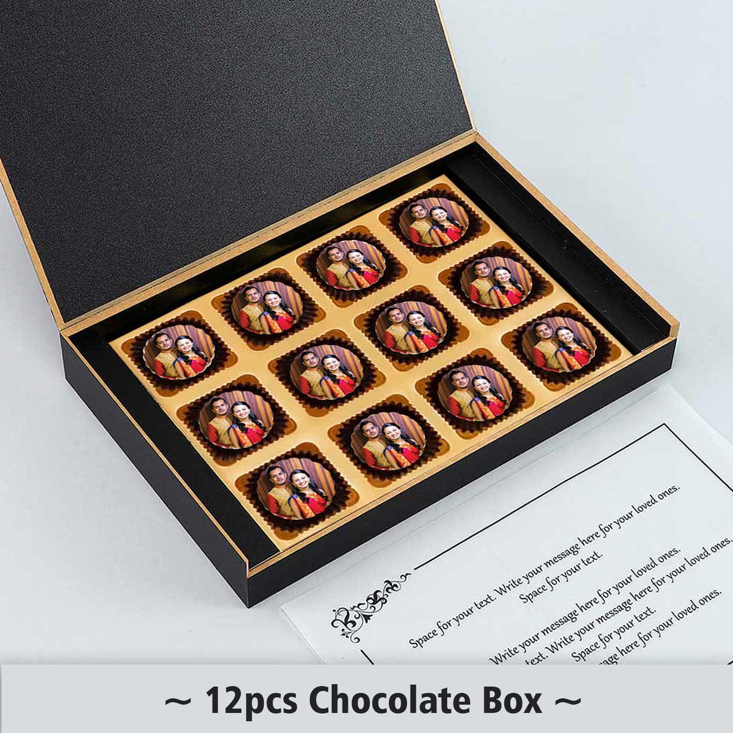 photo printed with elegant design on wooden box of chocolates