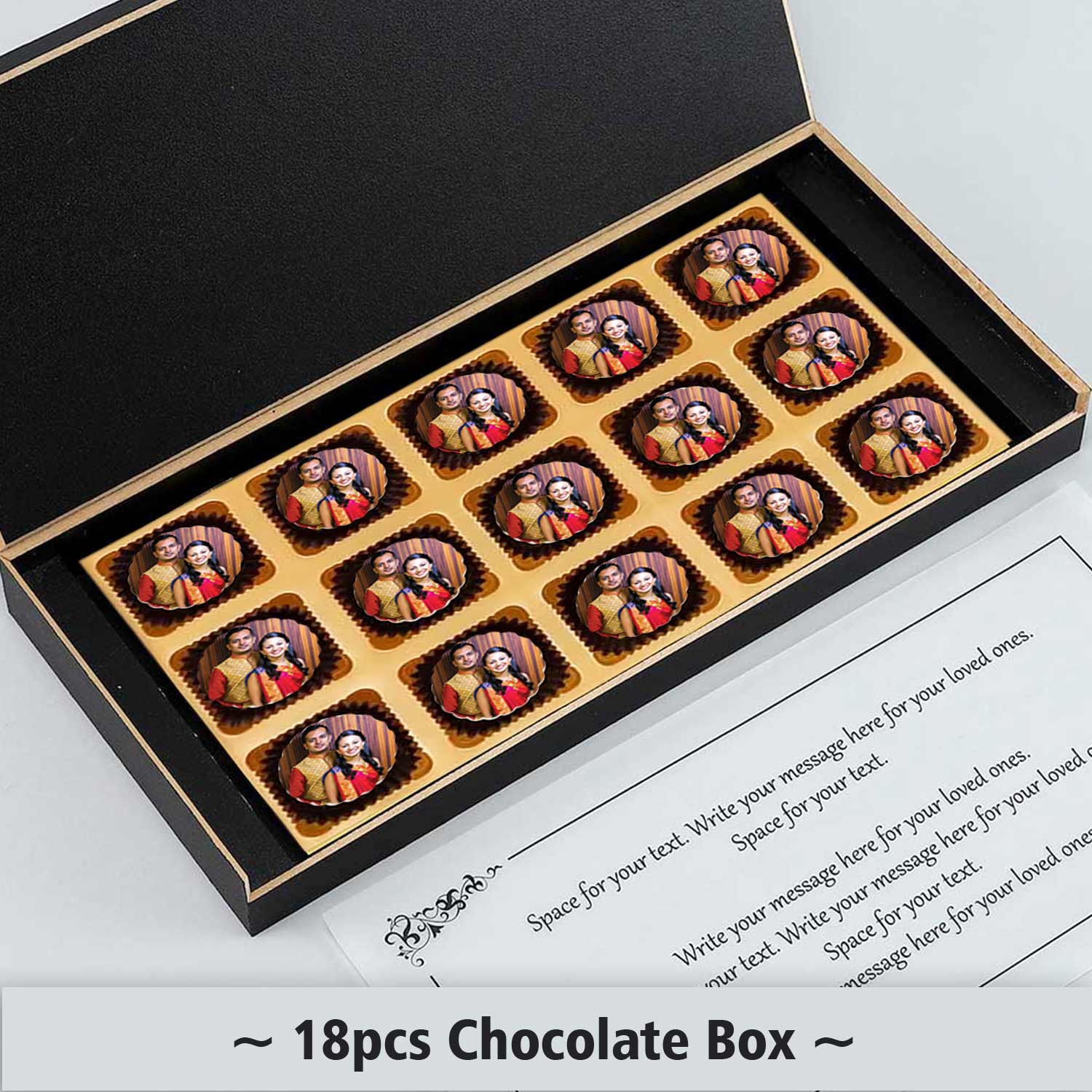photo printed with elegant design on wooden box of chocolates