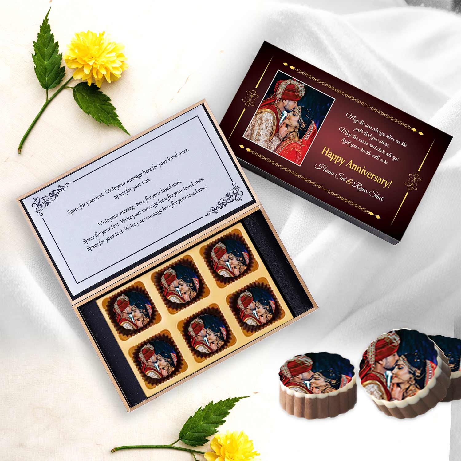 photo printed on chocolates and box with delicate border design