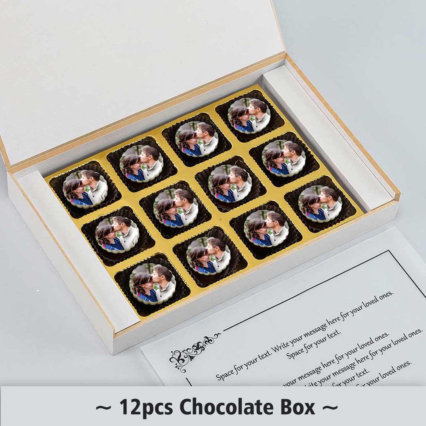 Photo printed chocolates with decorative floral design on box