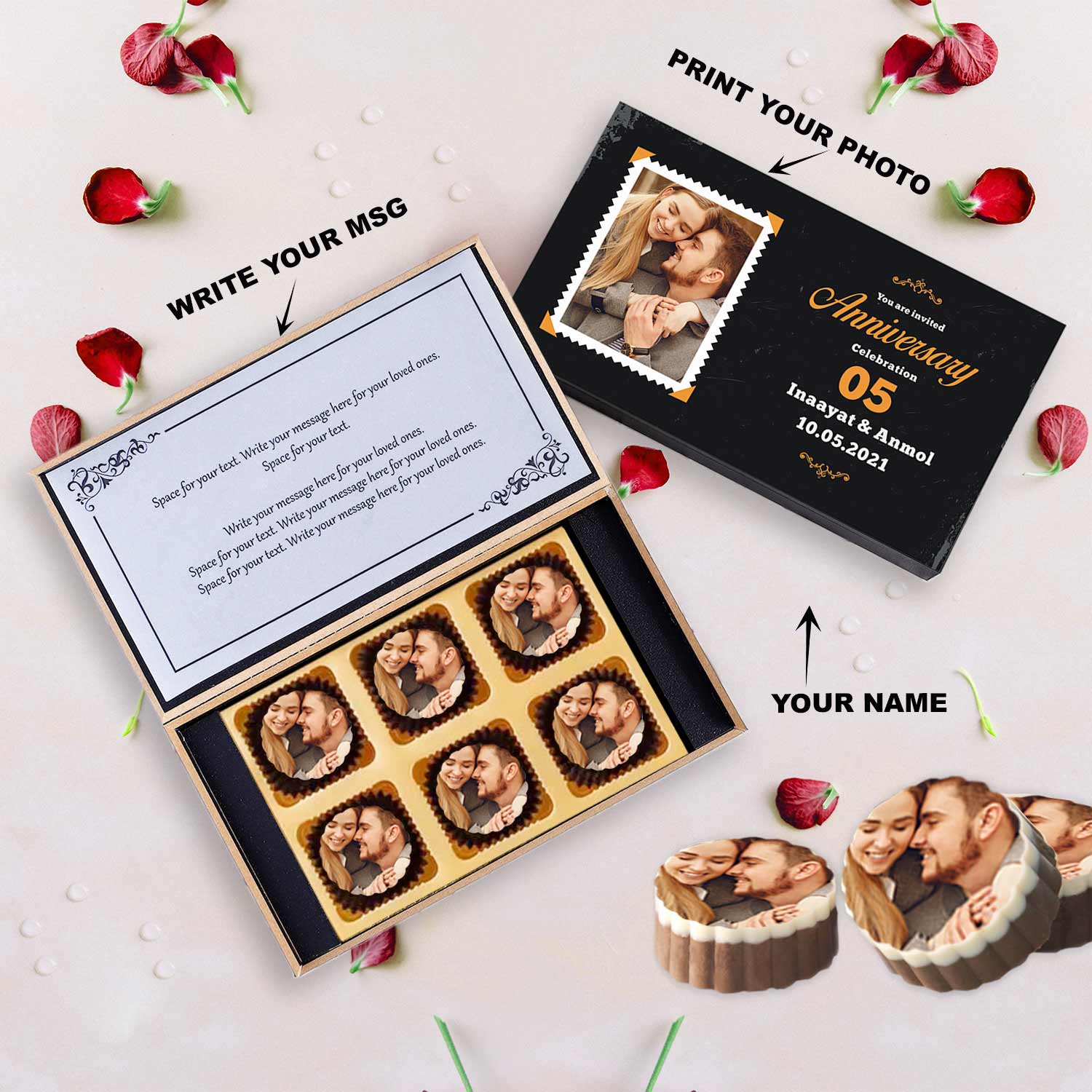 Black Elegant Box names Printed Chocolates Anniversary Invitation in 6 Pcs